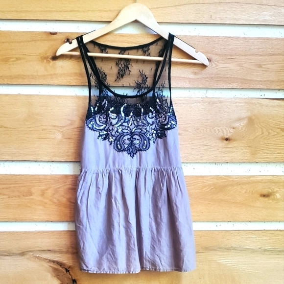 Miss Me Sequined Lace Peplum Silk Blend Sz. L Baby Doll Tank Blouse Camisole Top - Picture 2 of 11